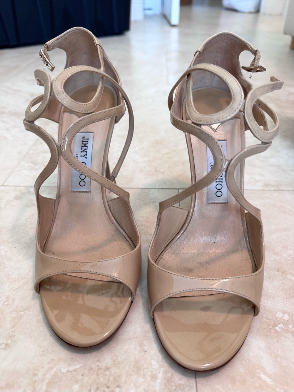Jimmy Choo Beige Patent Leather Strappy Heels